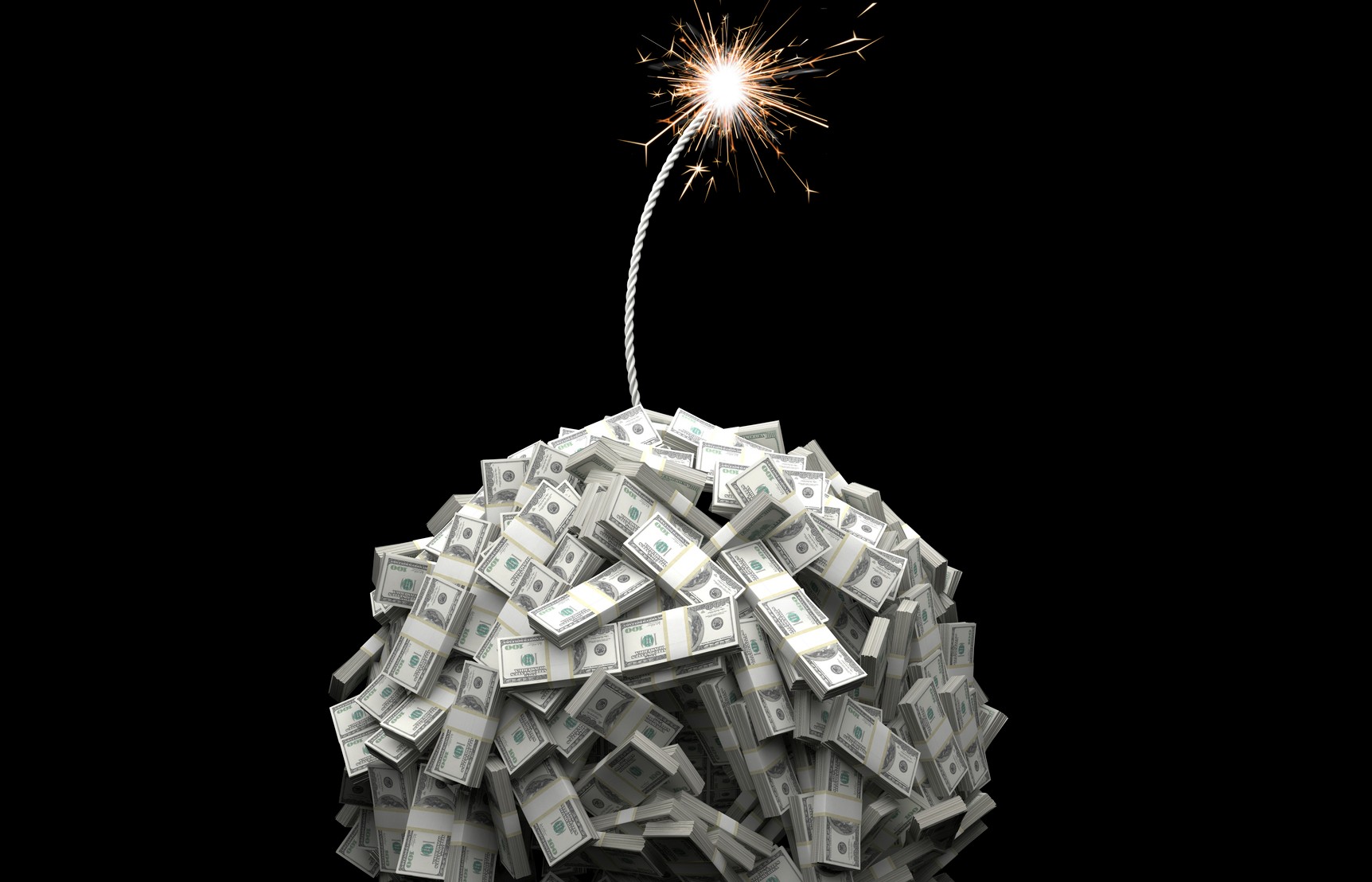 Bundles of US $100 notes form the shape of a globe and a fuse burns down towards the spherical mass of notes. This arrangement represents the current state of the world's economy as a ticking time bomb about to explod