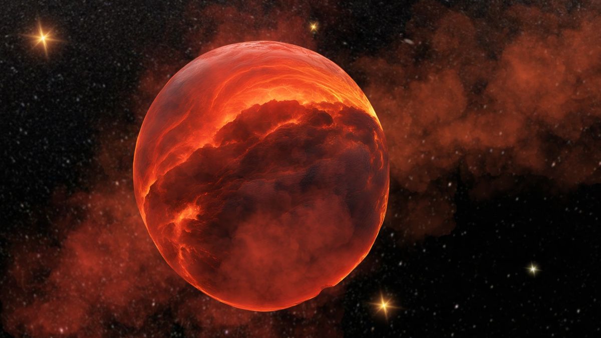 graphic illustration of a brown dwarf, glowing red and orange and shrouded in gaseous material.