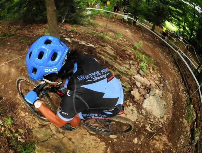 Evelyn Dong (White Pine Touring) riding some tight, uphill turns