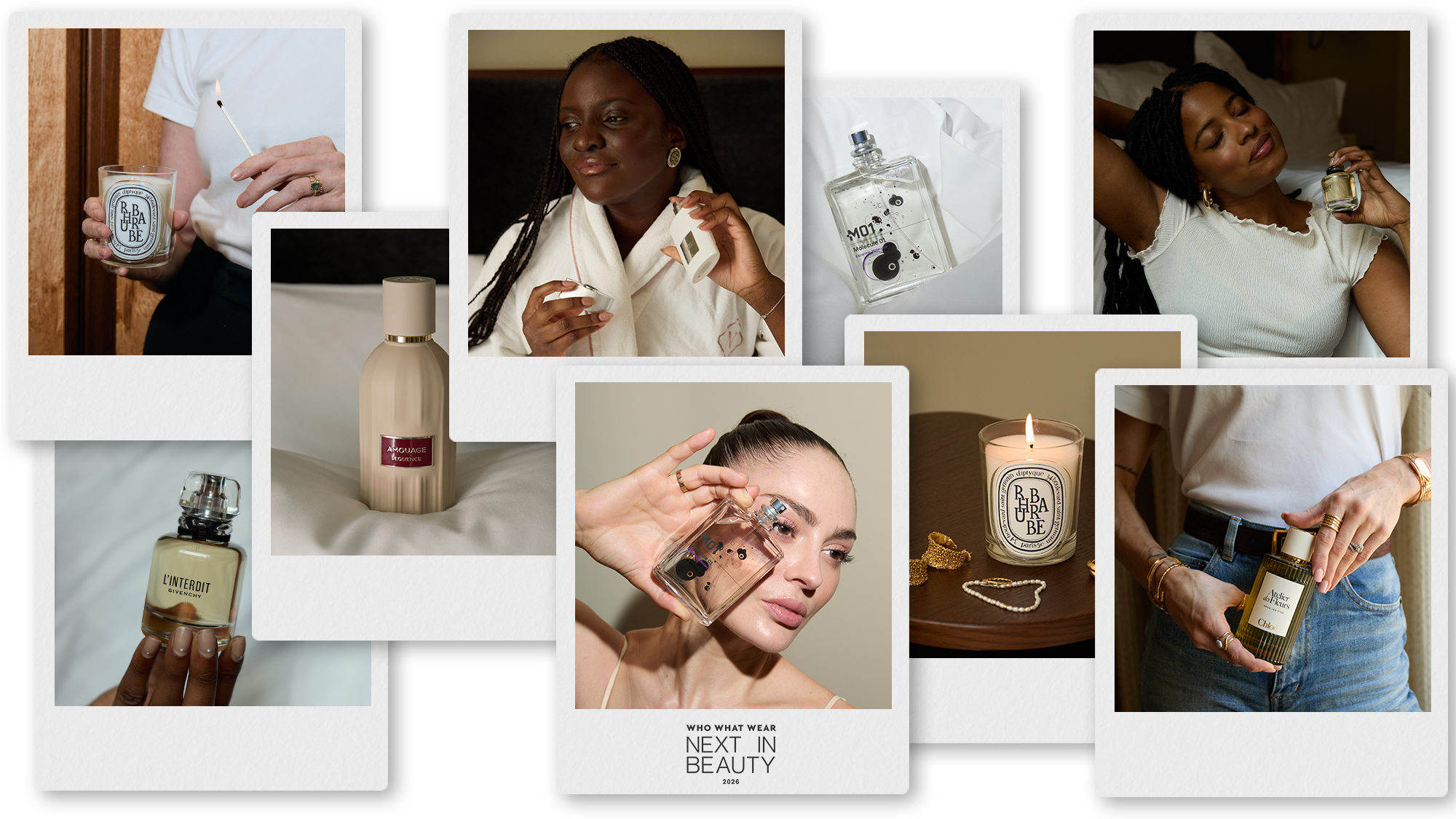 A collage of Who What Wear UK Next in Beauty judges testing the best fragrances