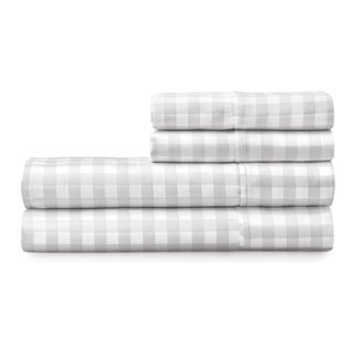 Martha Stewart 100% Cotton Sheet Set in Gingham Grey and White against a white background.