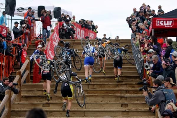 The women hit the stair run-up for the first time.
