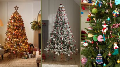 collage showing three of the biggest Christmas tree themes for 2023