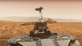 artist's illustration of a six-wheeled rover on the surface of Mars, with a rock-studded reddish landscape in the background