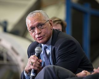 NASA Administrator Charles Bolden answers questions during a commercial crew press event on Jan. 26, 2015.