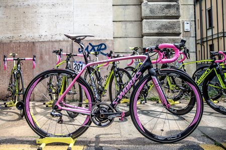 The full view of Contador's pink bike.