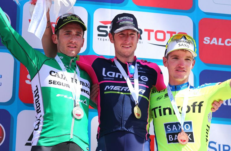 Carlos Barbero (Caja Rural), Sacha Modolo (Lampre-Merida) and Jay McCarthy (Tinkoff-Saxo) make up the podium
