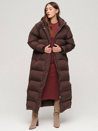 Superdry Maxi Hooded Puffer Coat, Coffee Bean Brown