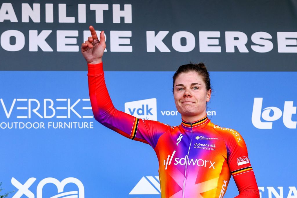 Belgian Lotte Kopecky of team SD Worx on the podium after winning the Nokere Koerse 