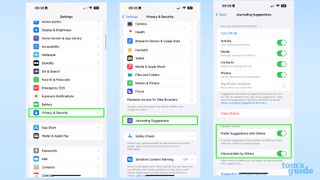 iOS 17's Journaling Suggestions settings, and the path to get there from the main Settings app