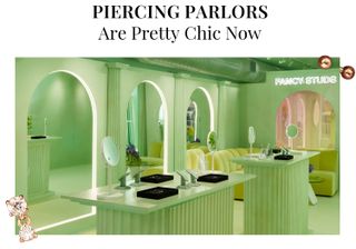 Picture of a Studs store showing interior design. Jewelry products are added to the corners of this graphic. Copy says: "Piercing Parlors Are Pretty Chic Now"
