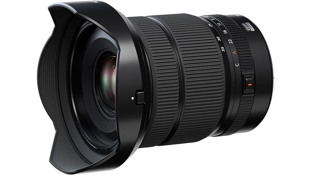 A side-on view of the Fujifilm GF 20-35mm f/4 R WR lens showing the front lens element