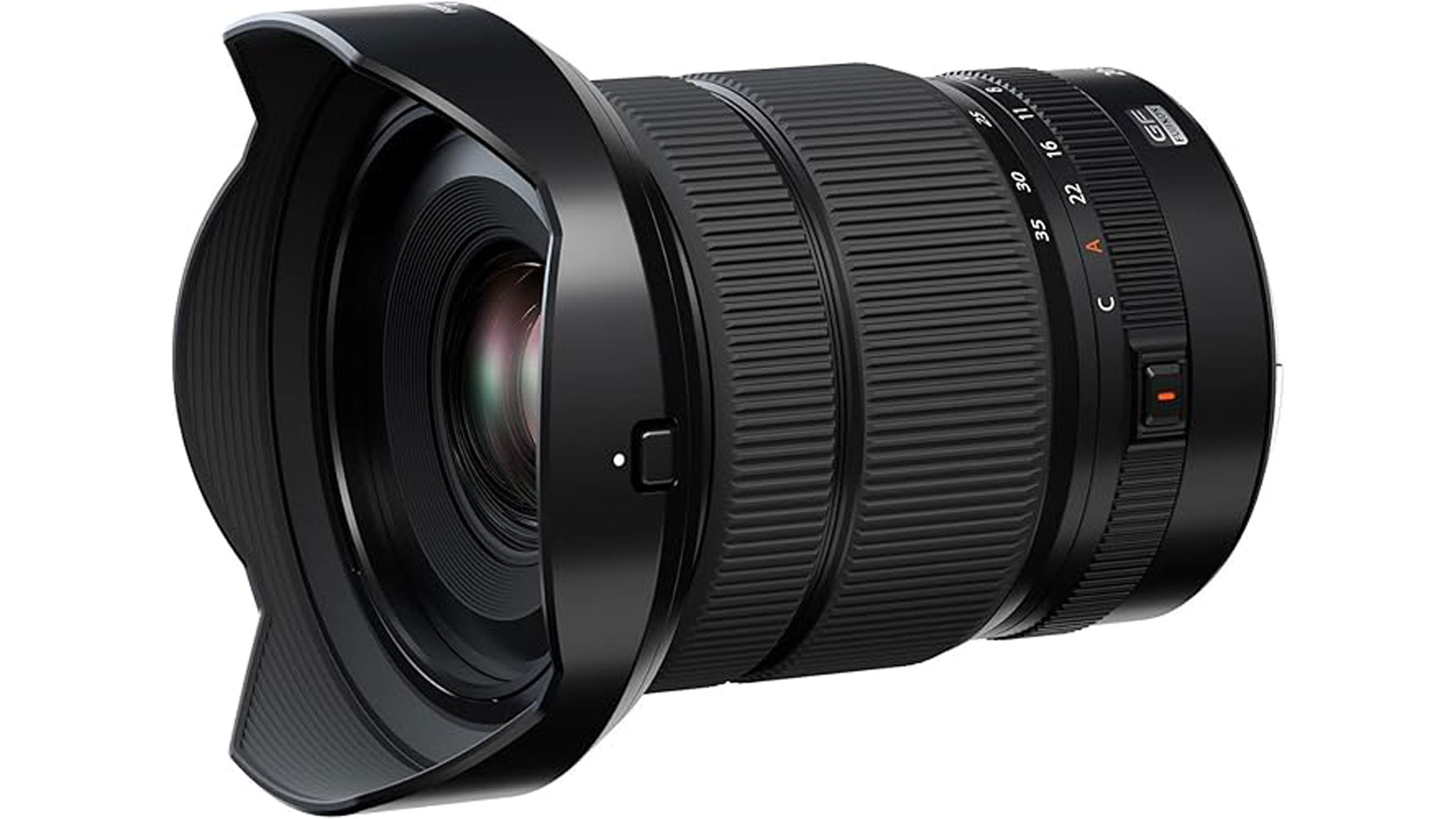 A side-on view of the Fujifilm GF 20-35mm f/4 R WR lens showing the front lens element