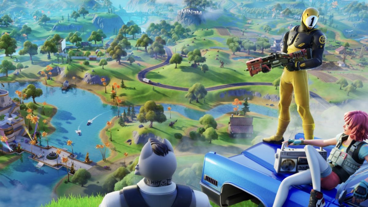 Fortnite Chapter 2 Remix battle pass characters stand looking out over the new map