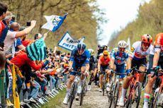 The peloton during Paris-Roubaix 2024