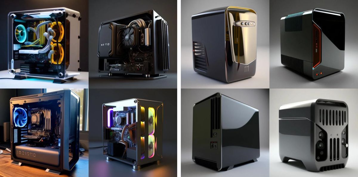 A selection of PC cases produced by the Midjourney AI.
