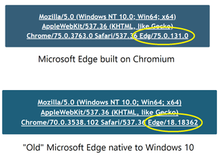 Top: Microsoft's new User Agent string. Bottom: Old Edge User Agent string.