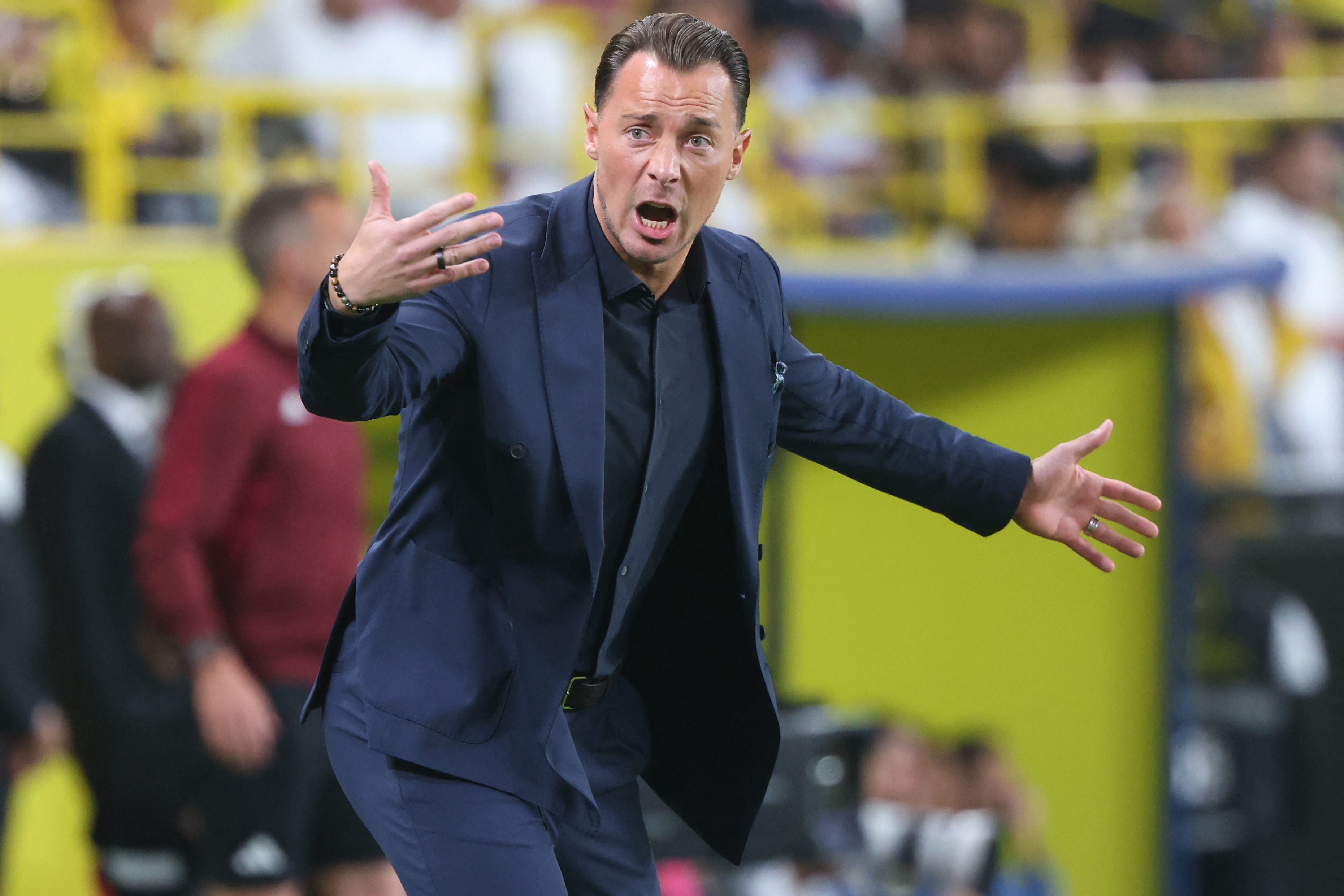 Ahli's German coach Matthias Jaissle reacts during the Saudi Pro League football match between Al-Nassr and Al-Ahli at the Al-Awwal Park Stadium in Riyadh on April 29, 2026. (Photo by Fayez Nureldine / AFP)