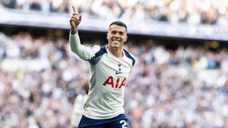 LONDON, ENGLAND - APRIL 18: Pedro Porro of Tottenham Hotspur celebrates after scoring the opening goal during the Premier League match between Tottenham Hotspur and Brighton & Hove Albion at Tottenham Hotspur Stadium on April 18, 2026 in London, England. (Photo by Sebastian Frej/MB Media/Getty Images)