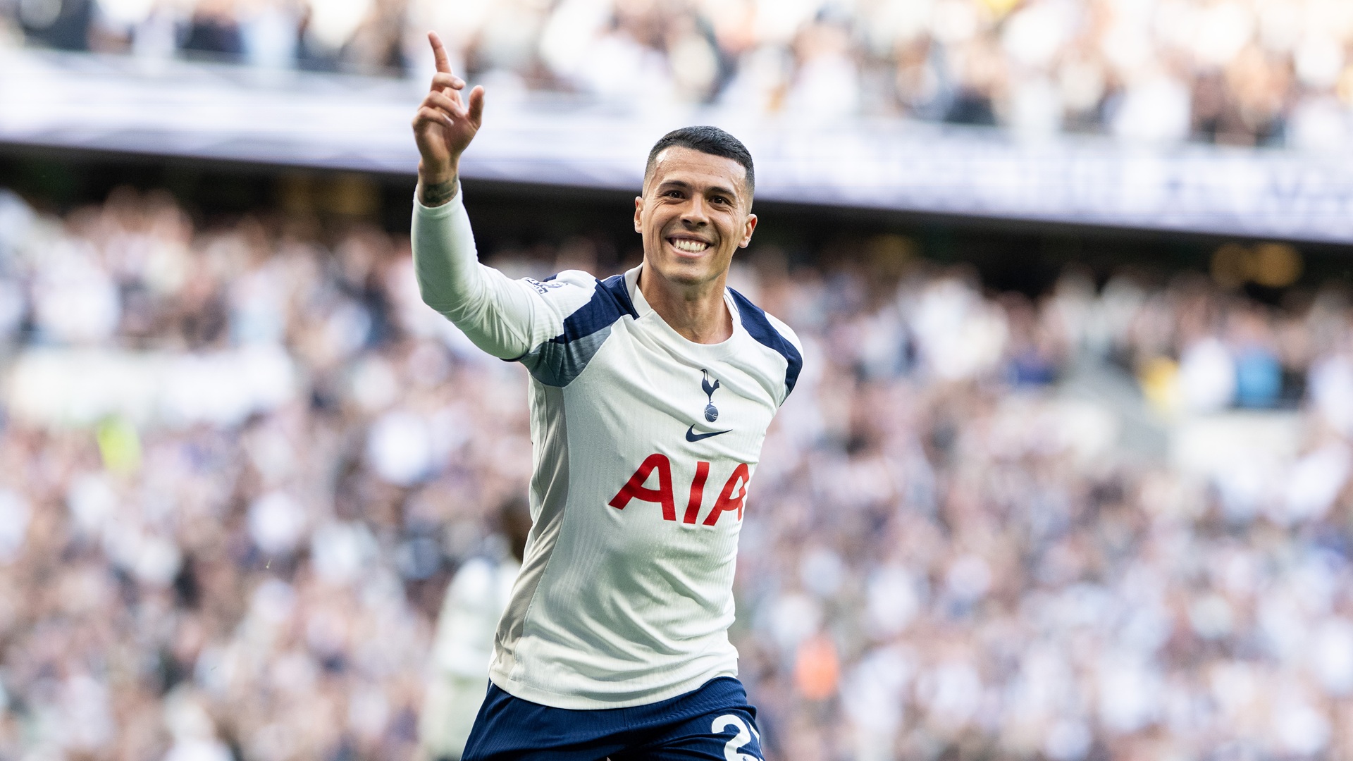 Pedro Porro of Tottenham Hotspur celebrates after scoring the opening goal during the Premier League match between Tottenham Hotspur and Brighton &amp; Hove Albion on April 18, 2026
