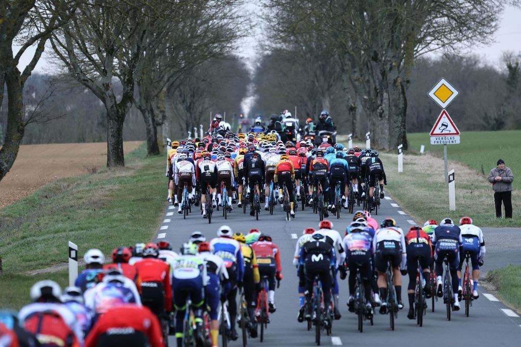 The pack of riders cycles during the 2nd stage of the 81st Paris Nice cycling race 164 km between Bazainville and Fontainebleau on March 6 2023 Photo by ANNECHRISTINE POUJOULAT AFP Photo by ANNECHRISTINE POUJOULATAFP via Getty Images