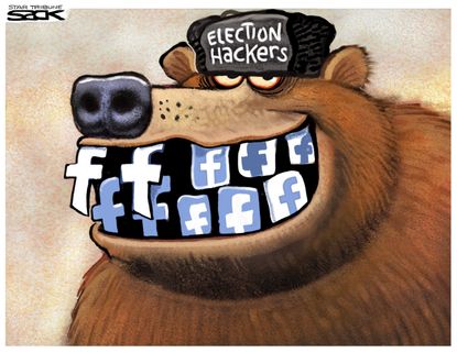 Political cartoon U.S. Facebook election hacking Russia