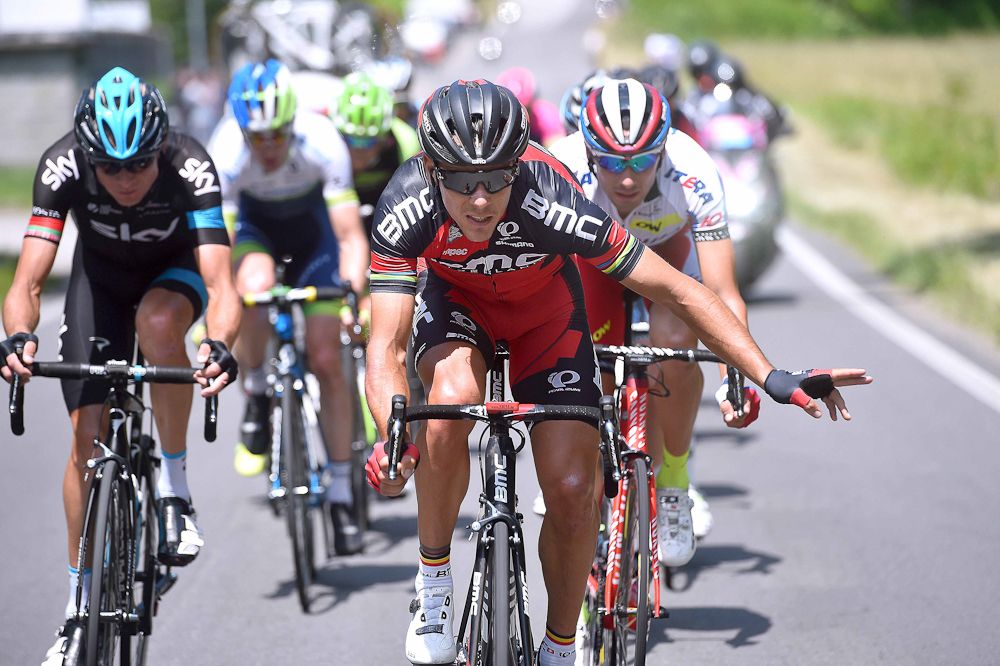Philippe Gilbert directs traffic in the breakaway during stage 18.