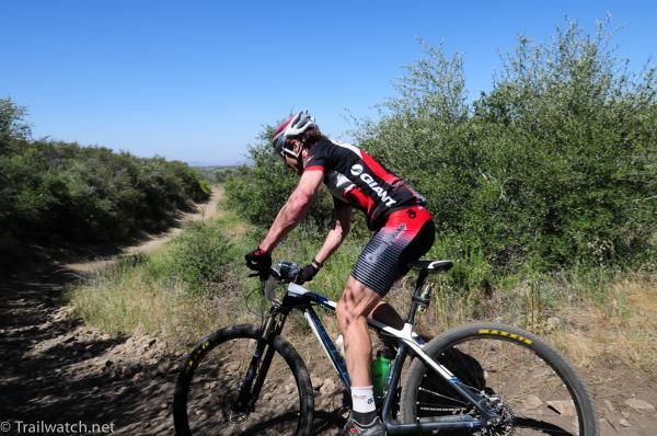 A Giant rider on a long stretch of singletrack