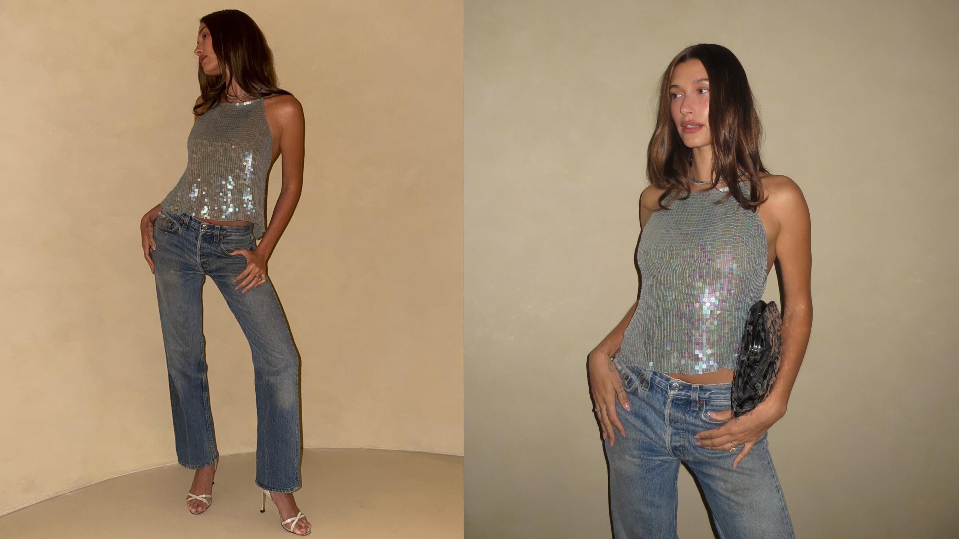 Hailey Bieber&#039;s 29th birthday outfit featuring a sequin top and Levi&#039;s 501 jeans.