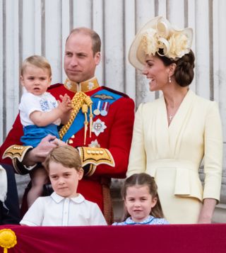 Prince Louis, Prince George, Prince William, Duke of Cambridge, Princess Charlotte and Catherine, Duchess of Cambridge appear on the balcony during Trooping The Colour