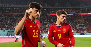 Pedri and Gavi of Spain during the FIFA World Cup Qatar 2022 Group E match between Japan and Spain at Khalifa International Stadium on December 01, 2022 in Doha, Qatar.