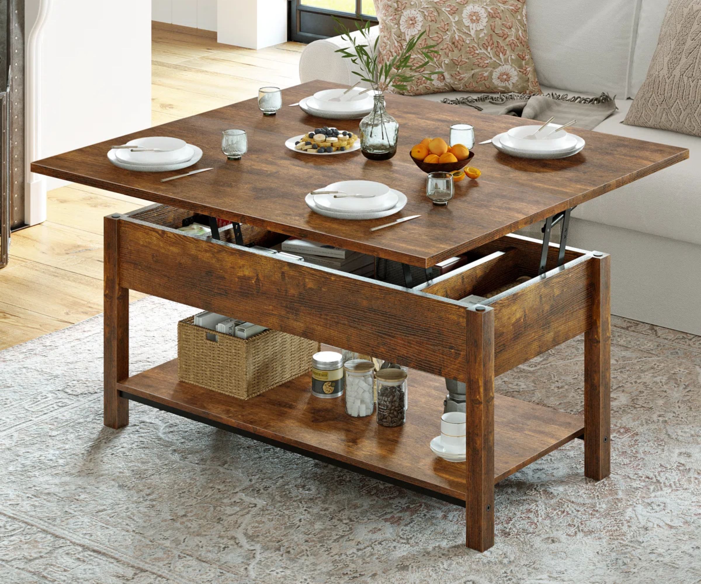 A wooden coffee table folded up into a dining table in a living room.