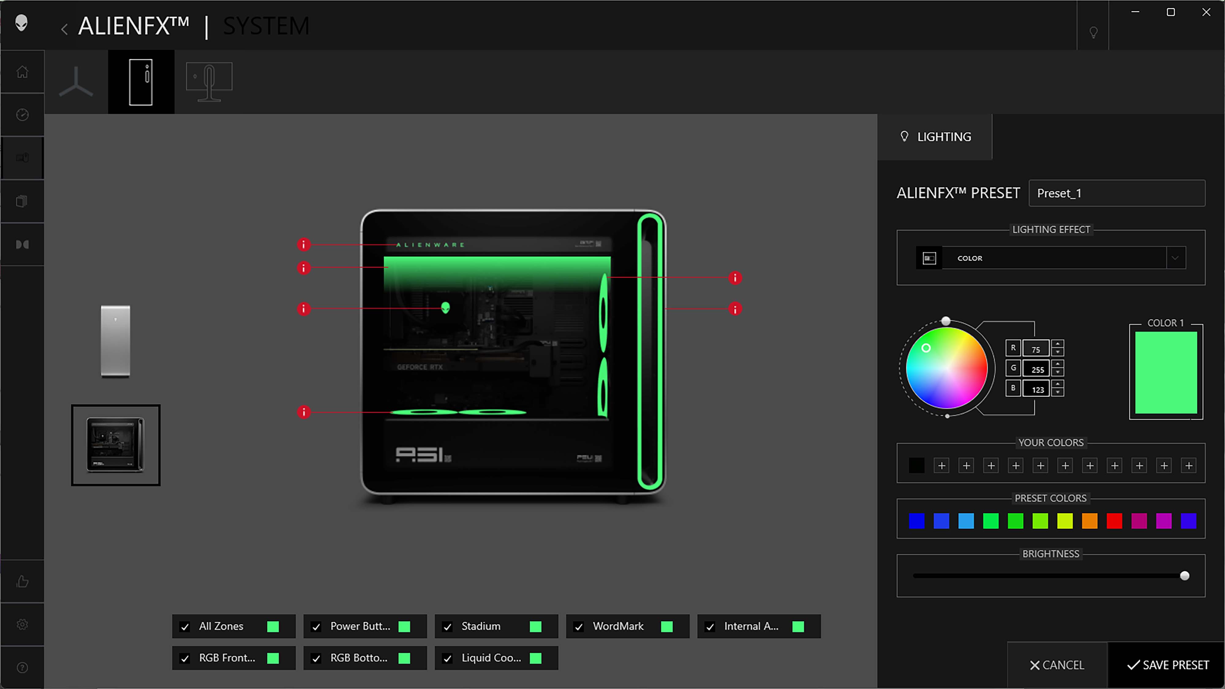 A screenshot of Command Center showing the six RGB customization areas on the Alienware Area-51.