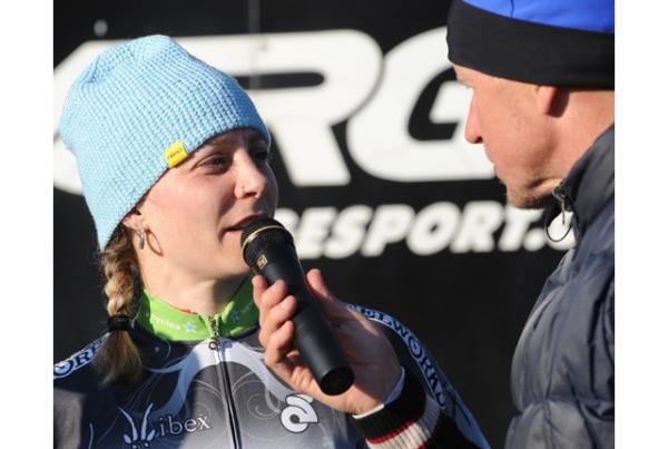 Runner-up Maureen Bruno Roy (MM Racing p/b Seven Cycles) talks to the media.