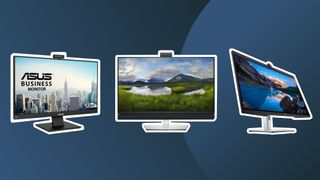 Three of the best monitor with webcam options on a dark blue background