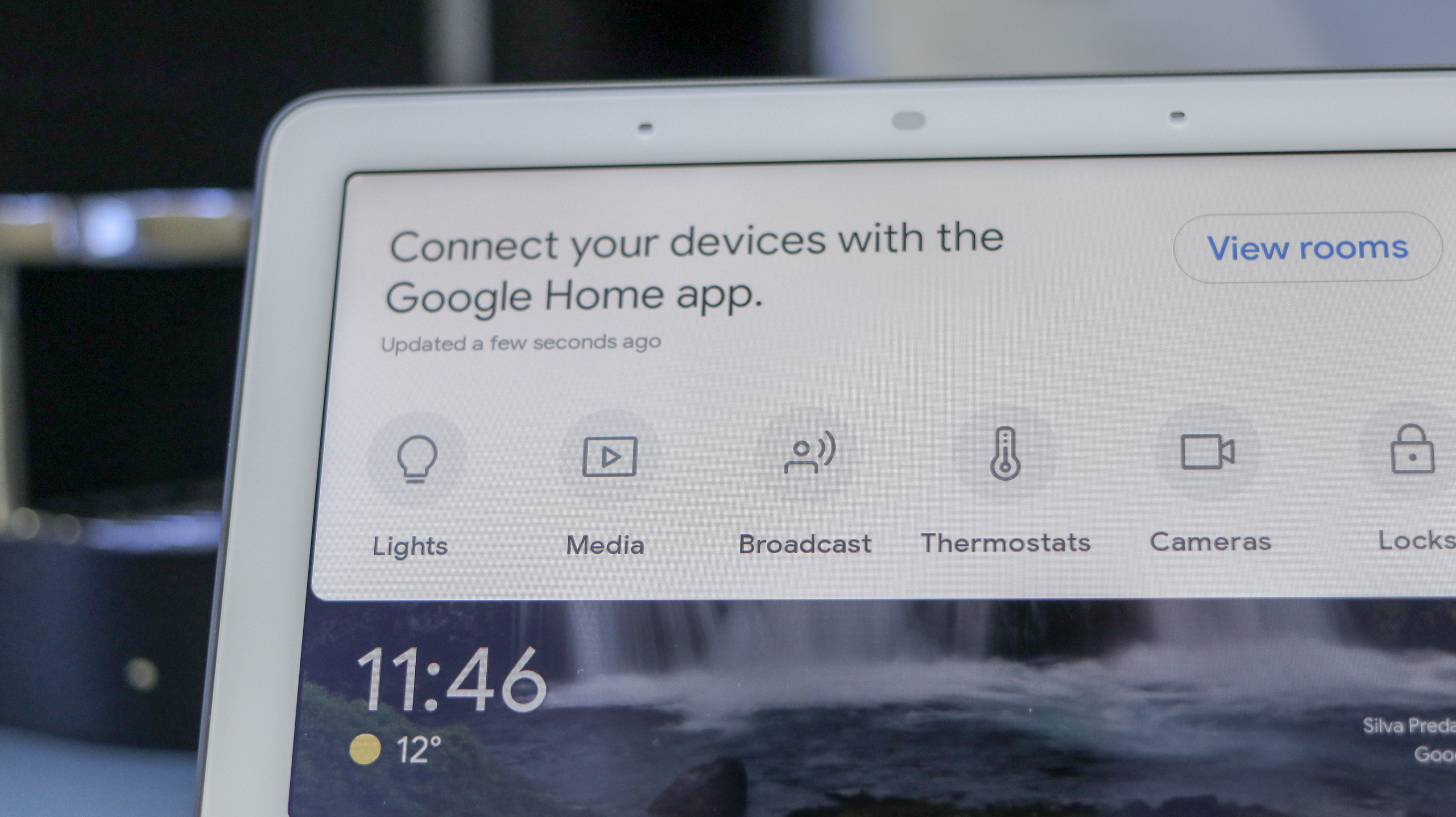 A close-up photo of the Google Home hub's screen