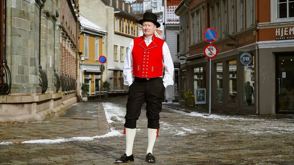 Conan O'Brien in traditional Norwegian clothes in Oslo