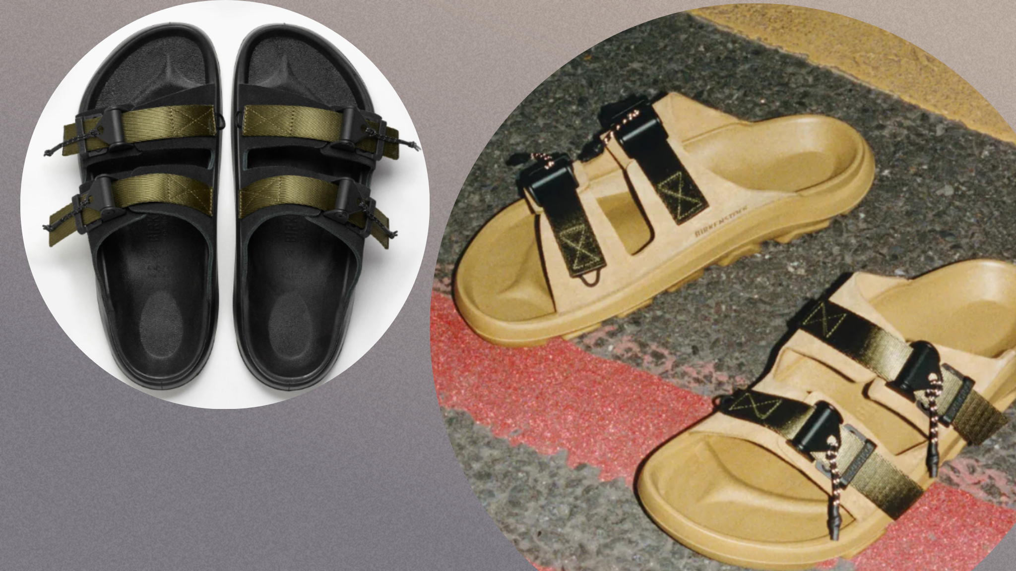 an image of two pairs of shoes in indiviudal circles. The left pair are black with green straps, the ones on the right are brown with green straps