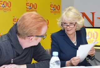 The Duchess of Cornwall with Chris Evans as they discuss the 500 Words creative writing competition