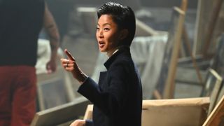 Kristen Kish points to something during one of the challenges on The Traitors Season 4.