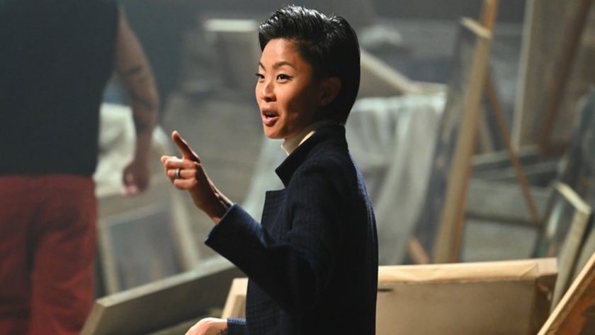 Kristen Kish points to something during one of the challenges on The Traitors Season 4.