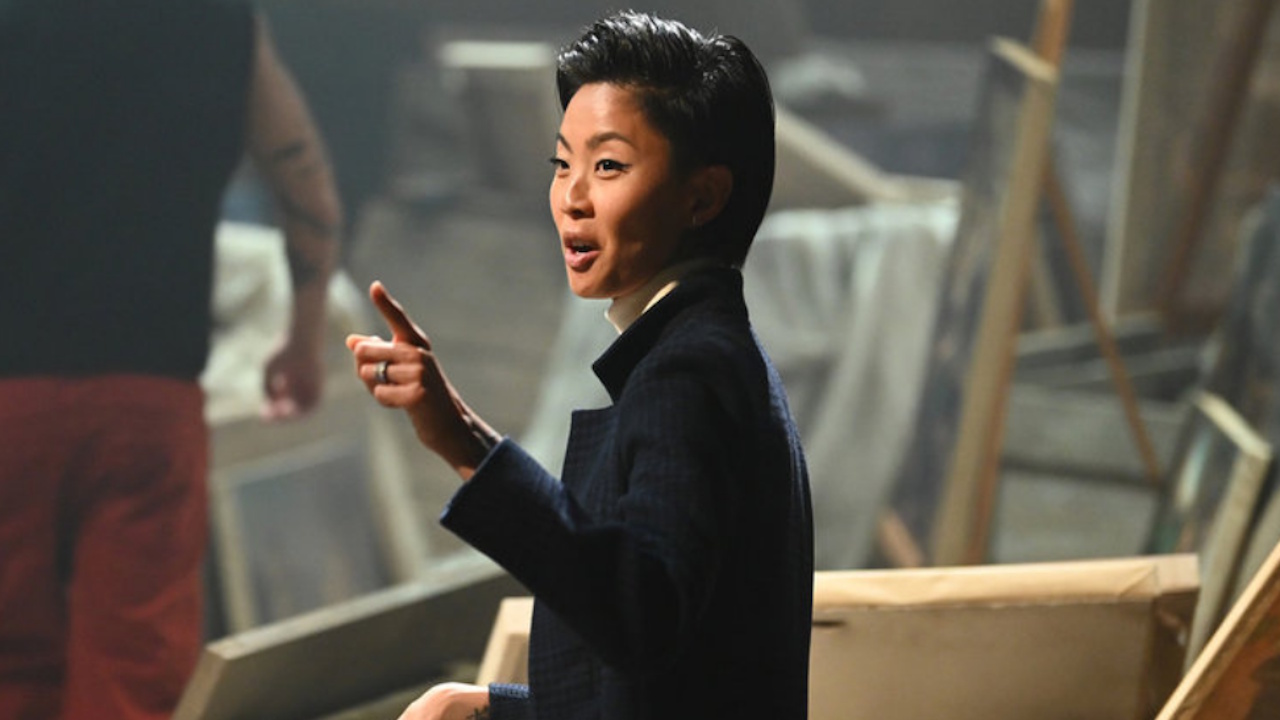 Kristen Kish points to something during one of the challenges on The Traitors Season 4.