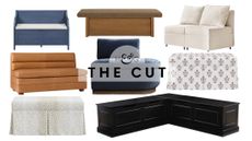 Stylish kitchen storage benches, featuring leather, wooden, and fabric upholstered styles, pictured against a white background