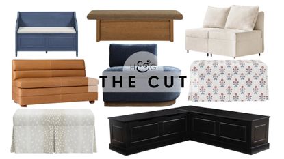 Stylish kitchen storage benches, featuring leather, wooden, and fabric upholstered styles, pictured against a white background
