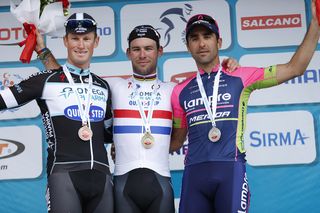 Mark Renshaw, Mark Cavendish and Maximiliano Richeze on the podium after Stage 4 of the 2014 Tour of Turkey