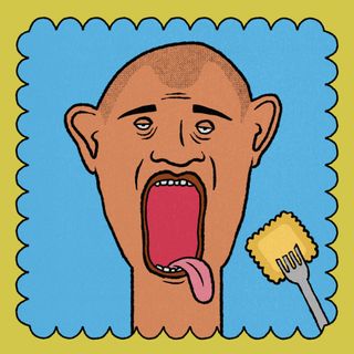 Drawing by Toby Hawksley of bald man eating a cracker