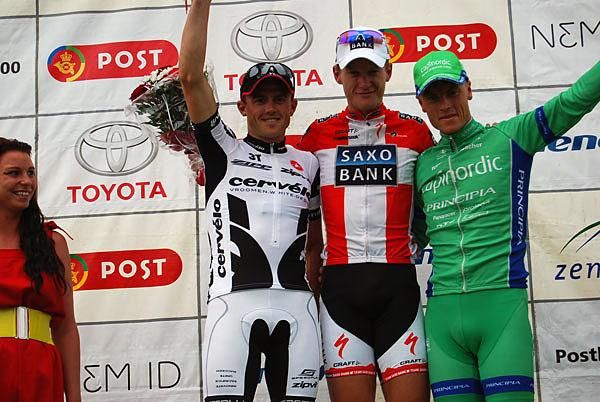 Simon Gerrans (Cervelo), Matti Breschel (Saxo Bank) and Martin Pedersen (Capinordic) on the podium.