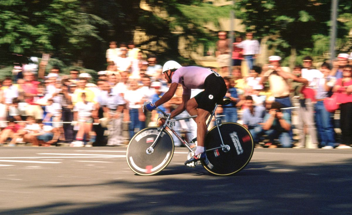 Bernard Hinault contests the final time trial at the 1985 Giro d'Italia
