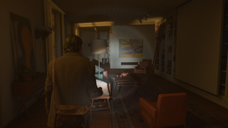 Alan Wake exploring a distorted version of his own apartment in Alan Wake 2.