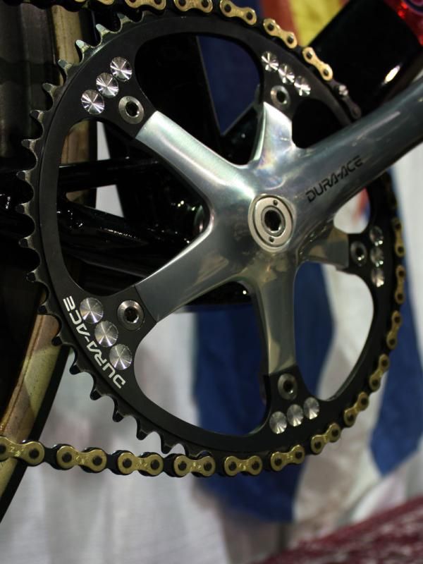 Baar also adds a little bit of style to the Dura-Ace chainring on his GroundUp track bike.